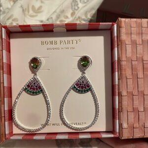 Green and Silver Dangle Earrings with Crystal Accents